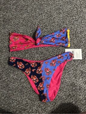 Mara Hoffman Pink Floral Bikini Top with Colorblock Detail